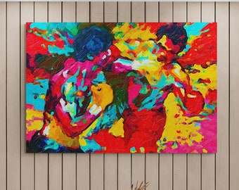 Puede incluir: Pintura abstracta de dos boxeadores en una pelea. La pintura está realizada en un estilo colorido con salpicaduras de rojo, amarillo, azul y verde.