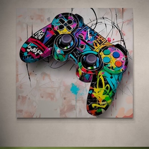 May include: A colourful, graffiti-style video game controller with black buttons and a white background.