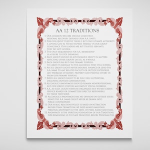 May include: A red and white poster with a decorative border and the text "AA 12 Traditions" in a black font. The poster lists the 12 traditions of Alcoholics Anonymous.
