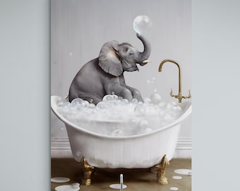 Adorable Elephant in Bath Tub Canvas Art | Elephant Photo | Elephant Art |   Framed, ready to hang.