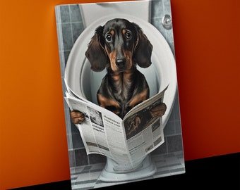 Dachshund reading Newspaper on toilet Canvas Print - Funny Sausage Dog Bathroom Wall Decor. Framed, Ready to hang.