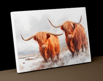 Impression sur toile Deux vaches des Highlands écossais - Livré encadré, prêt à accrocher