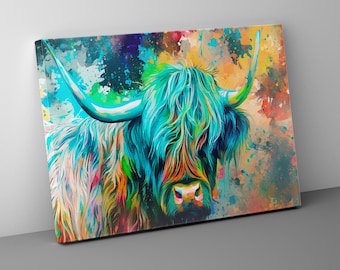 May include: A colorful abstract painting of a Highland cow with blue, green, orange, and yellow hues. The cow's fur is long and fluffy, and its horns are long and curved. The background is a splatter of colorful paint.