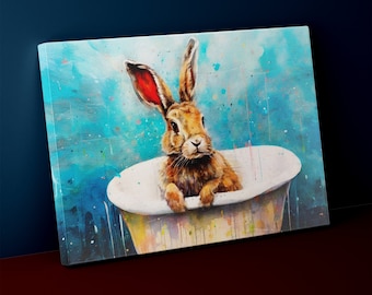 Art de toile de lapin dans la baignoire, décoration murale drôle de salle de bain, impression de lapin mignon. Livré encadré et prêt à accrocher.