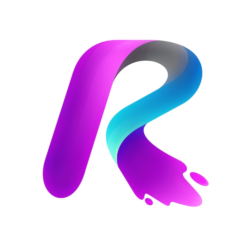 May include: A stylized letter R formed from a purple, blue, and teal ribbon. The ribbon is curled and twisted, creating a dynamic and abstract design.