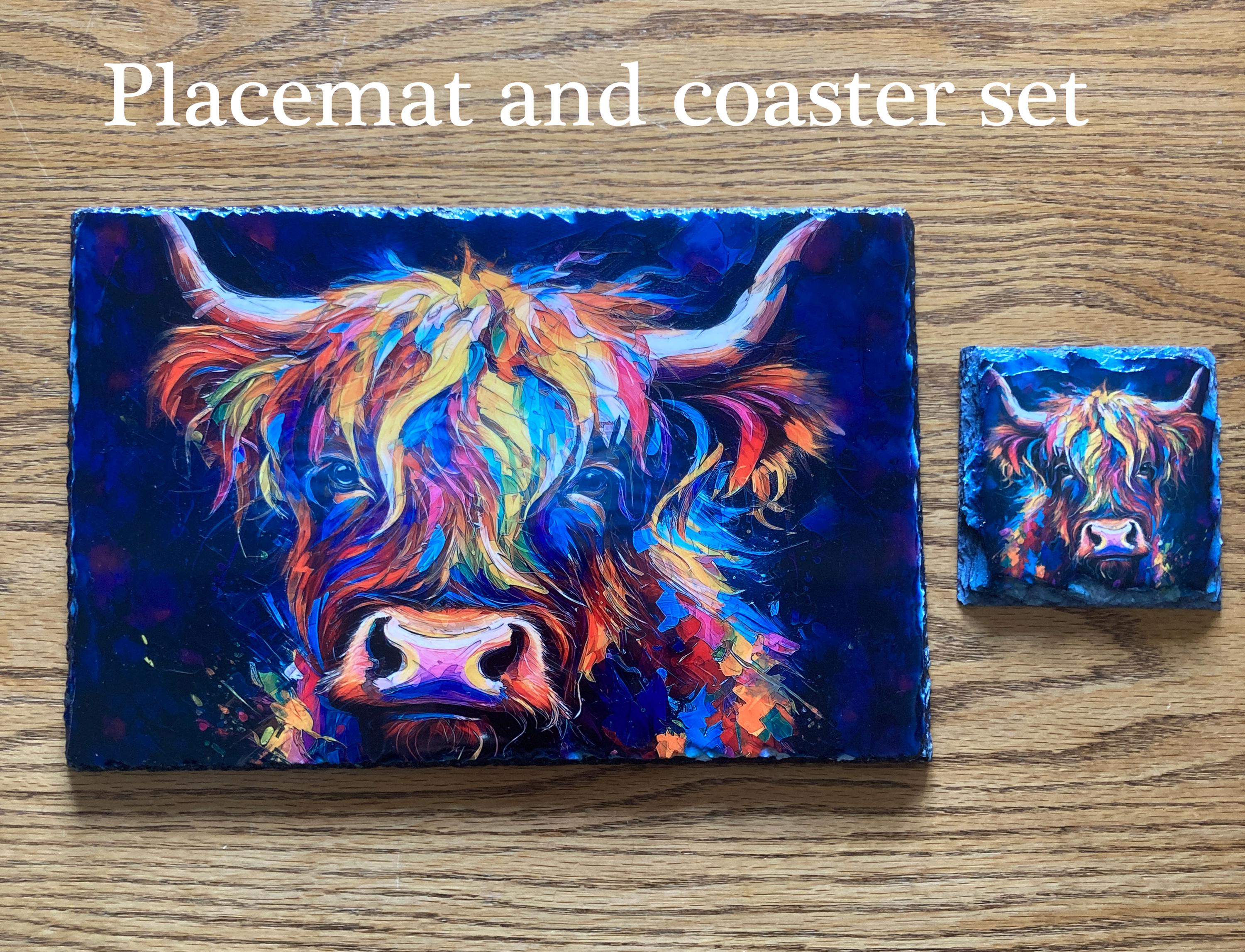 Highland Cow Placemat & Coaster Set – 4 Placemats + 4 Coasters, Cork Backed