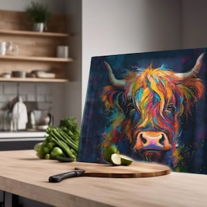 Highland Cow Glass Chopping Board, Highland Cow Gifts, Kitchen Gifts for Highland Cow Lover, Highland Coo Worktop Saver