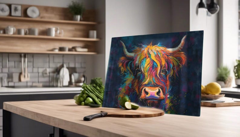 Highland Cow Glass Chopping Board, Highland Cow Gifts, Kitchen Gifts for Highland Cow Lover, Highland Coo Worktop Saver