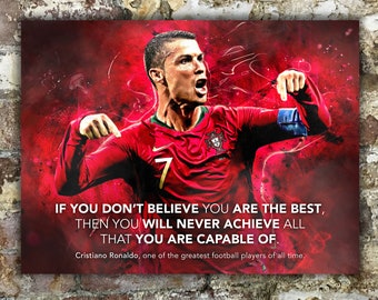 Puede incluir: Una cita motivacional de Cristiano Ronaldo, un famoso jugador de fútbol, sobre un fondo rojo con una imagen borrosa de él con un uniforme de fútbol. La cita dice: "Si no crees que eres el mejor, entonces nunca lograrás todo de lo que eres capaz."