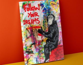 Mr Brainwash Art Monkey Kingdom - Follow Your Dreams Canvas Wall Art - Transform Your Home or Office into a Motivational Haven