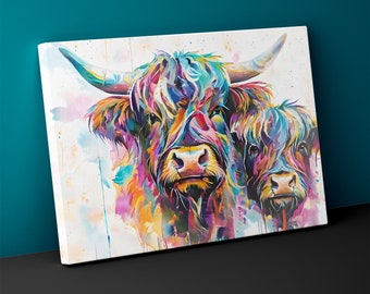 May include: A watercolor painting of two Highland cows. The cow in the foreground is facing the viewer with its head tilted slightly to the side. The cow in the background is partially obscured by the foreground cow. Both cows are painted in vibrant colors, including shades of pink, purple, blue, green, and yellow.