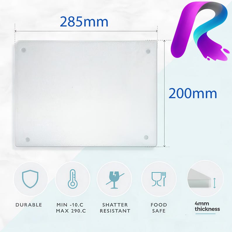 May include: A white tempered glass cutting board with rounded corners. The board measures 285 mm by 200 mm and is 4 mm thick. It is shatter resistant, food safe, and can withstand temperatures from -10 degrees Celsius to 290 degrees Celsius.
