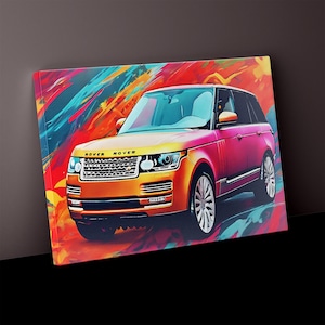 May include: A colourful abstract painting of a Range Rover with the words "Rover Rover" on the front grille.