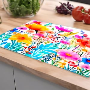 Wildflower Kitchen Glass Chopping Board. Colourful Meadow Flowers Glass Worktop Saver. Unique Kitchen Gifts