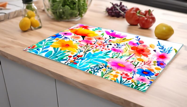 Wildflower Kitchen Glass Chopping Board. Colourful Meadow Flowers Glass Worktop Saver. Unique Kitchen Gifts