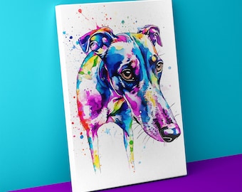 Impression d'art colorée sur toile Whippet, cadeau pour amoureux des chiens lévriers italiens, décoration d'intérieur Whippet. Encadré et prêt à accrocher