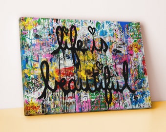 Mr Brainwash Life is Beautiful Art Print - Toile de graffiti moderne pour la décoration de la maison et du bureau - Art mural motivant.