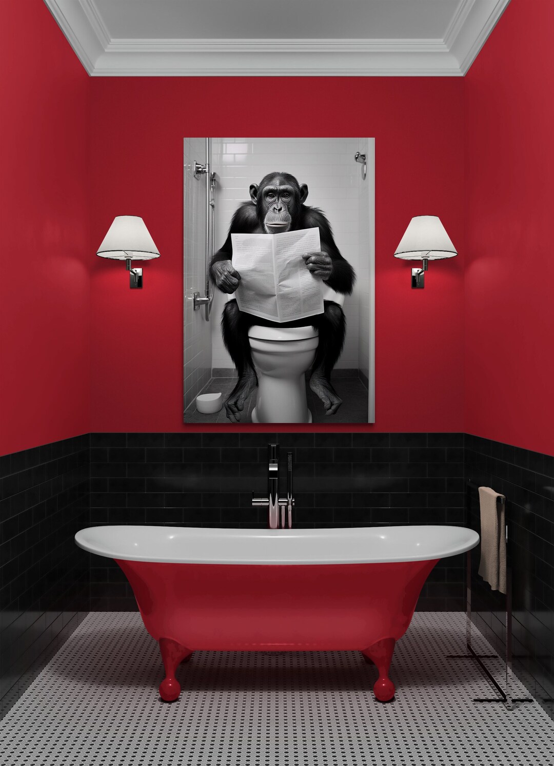 Funny Chimp on Toilet Canvas Art Quirky Wall Art to Bring Laughter to