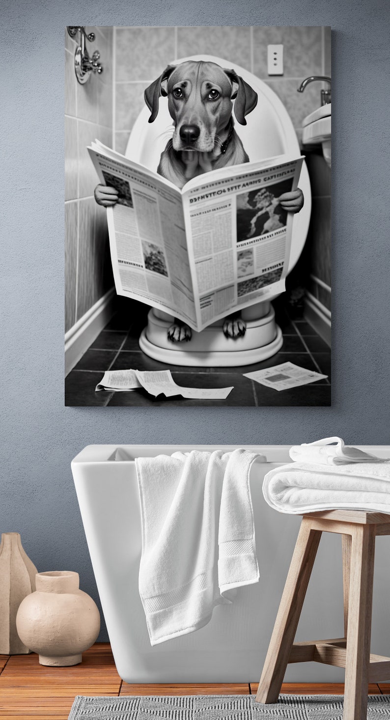 Black and White Dog with Newspaper on toilet Canvas Print