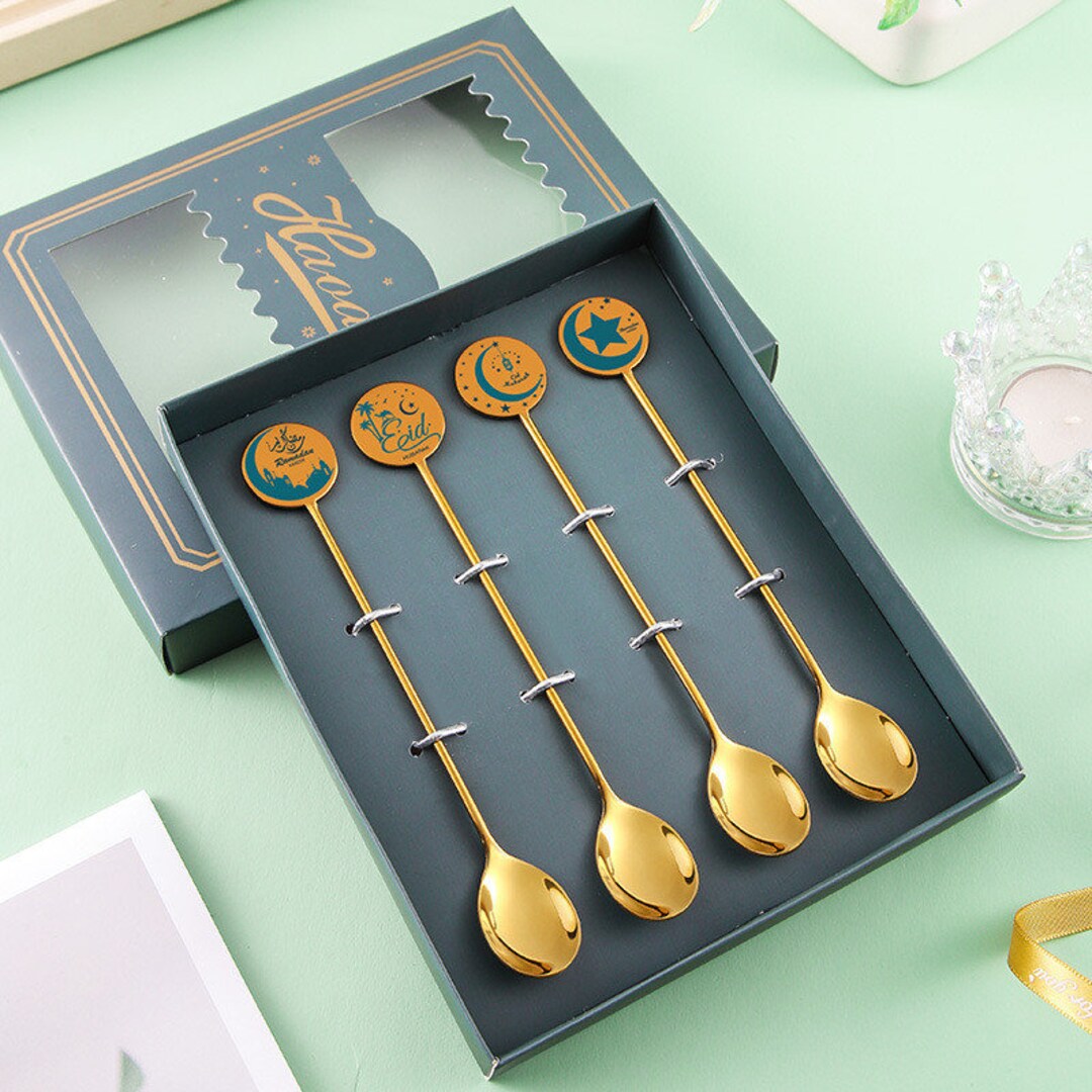 Stainless Steel Eid Mubarak Star Moon Spoon Gift Box Packing Ramadan