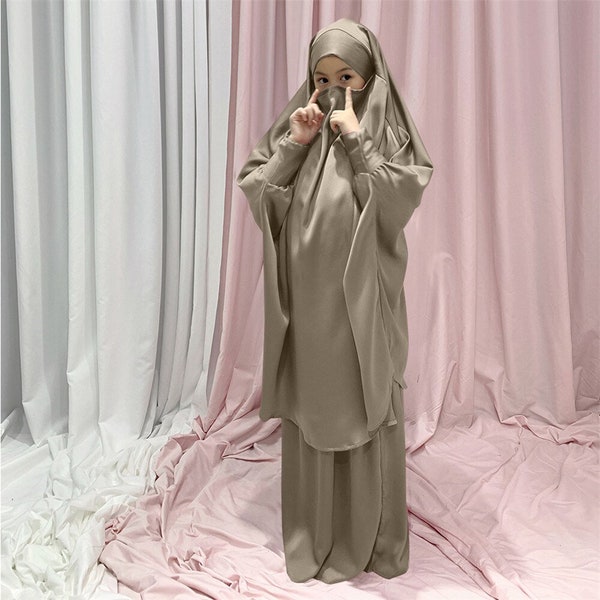 Eid Hooded Muslim Children Hijab Dress Prayer Garment Jilbab Abaya Kid Girls Khimar Skirt Set Full Cover Ramadan Islamic Clothe