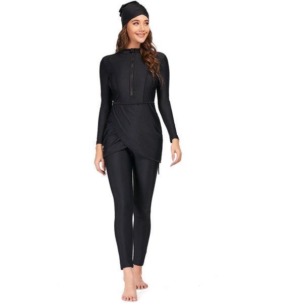 Nouveau maillot de bain musulman noir solide à manches longues femmes maillot de bain musulman Burkini