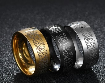 Anillos de escritura islámica árabe, anillo de banda de oración musulmana religiosa de acero inoxidable para hombres y mujeres, regalos de cumpleaños