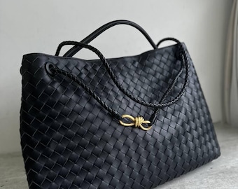Grote Leren Handtas voor Dames –  gewoven tas- Schoudertas van Echt Leer - Dagelijks Gebruik- handmade - bruin -zwart - luxus