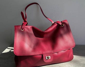 Leather Flap Bag for Women, Large Leather Shoulder Bag, Italian Leather Handbag, Spacious Work Bag, Everyday Crossbody Purse
