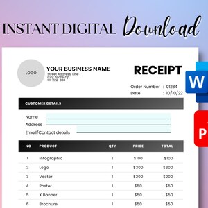 Professional Sales Invoice. Sales Receipt. Order Receipt. Payment Invoice. PDF/Microsoft Word. Business Receipt Template - Digital Download