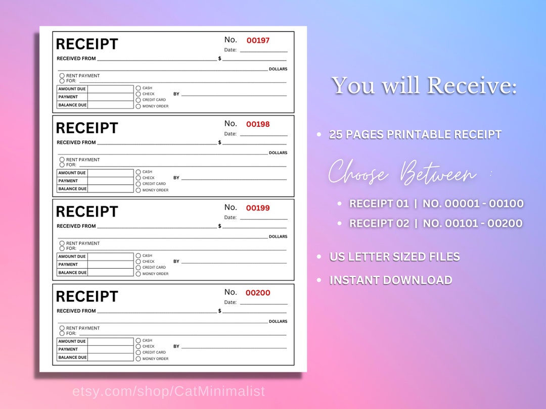 Printable Rent/cash Payment Receipt Template Digital Etsy