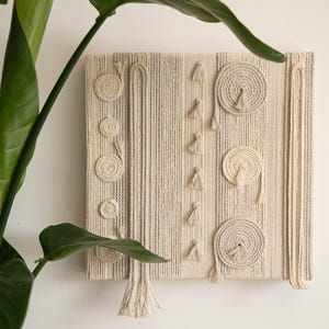 Beige Rope Wall Art: Boho Woven Canvas Sculpture, 12x12in