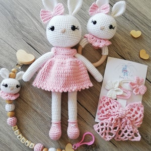 Crochet Baby Rattle and Pacifier Holder Set, Custom Baby Pacifier Clip, Amigurumi Pink Rabbit Set,Baby Gift Box, Personalized Pacifier Older