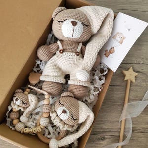 Amigurumi-nallebjörnsset, anpassningsbar nappkedja, handgjord nallebjörnsleksak, nyfödd babyset, virkad nallebjörn, presentask till nallebjörn