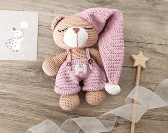 Zestaw misia amigurumi, personalizowany łańcuszek do smoczka, ręcznie robiony miś pluszowy, zestaw dla noworodka, szydełkowany miś pluszowy, pudełko na prezent z misiem pluszowym