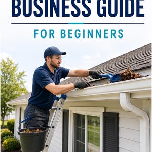 May include: A guide titled GUTTER CLEANING BUSINESS GUIDE FOR BEGINNERS featuring a person on a ladder cleaning debris from a white house gutter with a blue scoop and black bucket. The text Becky AI Creations is printed at the bottom of the image.