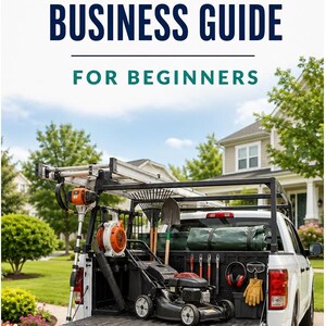 Puede incluir: Una guía titulada MOBILE GARDENING BUSINESS GUIDE FOR BEGINNERS de Becky AI Creations. La portada muestra una camioneta blanca con un soporte negro, cargada con un cortacésped, soplador, rastrillo, pala y equipo de seguridad.