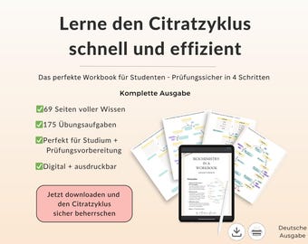 Citratzyklus lernen – Biochemie Workbook, 69 Seiten, 175 Übungen, Studium und Prüfungsvorbereitung | EBook | Deutsch | Komplette Ausgabe