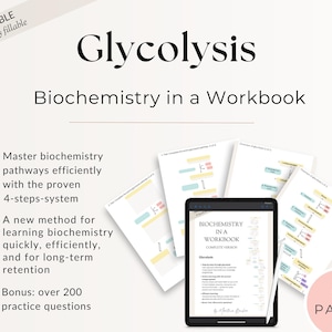 Könnte beinhalten: Ein digitales Arbeitsbuch mit dem Titel "Glykolyse: Biochemie in einem Arbeitsbuch" mit weißem Hintergrund und bunten Illustrationen. Das Arbeitsbuch bietet ein 4-Schritte-System zum Erlernen der Biochemie, über 200 Übungsaufgaben und eine vollständige Version des Glykolysewegs. Das Arbeitsbuch umfasst 92 Seiten.