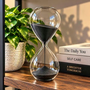May include: A clear glass hourglass filled with fine black sand. The hourglass has a rounded, bulbous shape with a narrow neck where the sand flows through. The sand is currently accumulating in the bottom bulb, forming a small, dark cone shape.