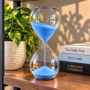 May include: A clear glass hourglass filled with vibrant blue sand, positioned on a wooden surface. The hourglass features a rounded, bulbous shape with a narrow neck, showing a steady stream of sand flowing from the top chamber to the bottom.