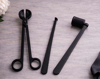 Kit de cuidado de velas negro mate / Juego de recortador de mecha, apagavelas y cucharón