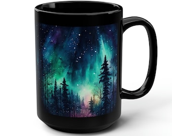 15 oz Northern Lights Black Mug Aurora Borealis Mug Astronomer Gift Celestial Night Sky Watcher Mug 15 oz Black Mug