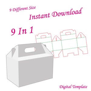 May include: A white box with a handle, and a flat template of the box. Text reads "9 Different Size", "Instant Download", "9 In 1", and "Digital Template".