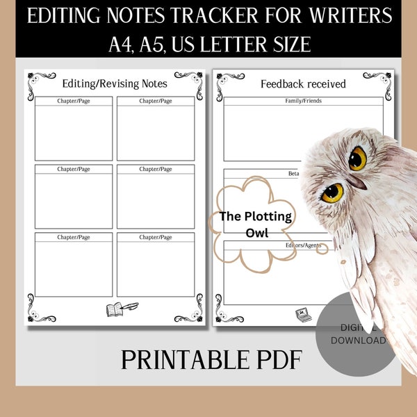 Digital Printable Writers Authors Editing Tracker Planner Notes Creative Writing Tips PDF Download Tools Feedback Tracker Book Novel Planner