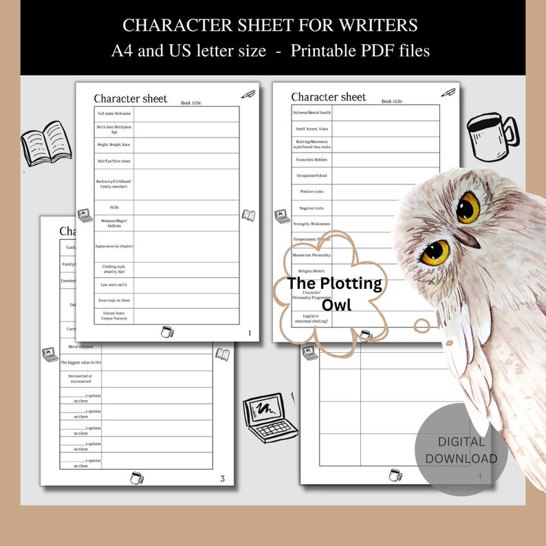Digital Printable Character Sheet for Writers Authors Planner