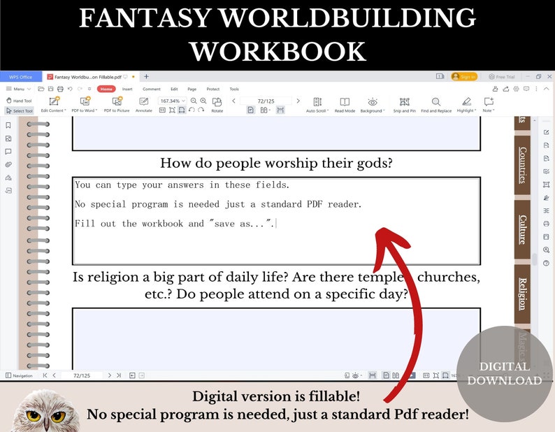 K&ouml;nnte beinhalten: Ein druckbares Fantasy-Weltbau-Arbeitsbuch mit einer braunen und wei&szlig;en Spiralbindung. Das Arbeitsbuch ist auf einer Seite mit dem Titel "Wie verehren die Menschen ihre G&ouml;tter?" und einem Textfeld zum Schreiben von Antworten ge&ouml;ffnet. Die Seite enth&auml;lt auch den Text "Sie k&ouml;nnen Ihre Antworten in diese Felder eingeben. Es wird kein spezielles Programm ben&ouml;tigt, nur ein Standard-PDF-Reader. F&uuml;llen Sie das Arbeitsbuch aus und "speichern Sie unter..."."  Die Seite enth&auml;lt auch den Text "Ist Religion ein wichtiger Teil des t&auml;glichen Lebens? Gibt es Tempel, Kirchen usw.? Besuchen die Menschen diese an einem bestimmten Tag?"  Das Arbeitsbuch ist mit "Digitale Version ist ausf&uuml;llbar! Kein spezielles Programm erforderlich, nur ein Standard-PDF-Reader!" und "Digitaler Download" beschriftet.
