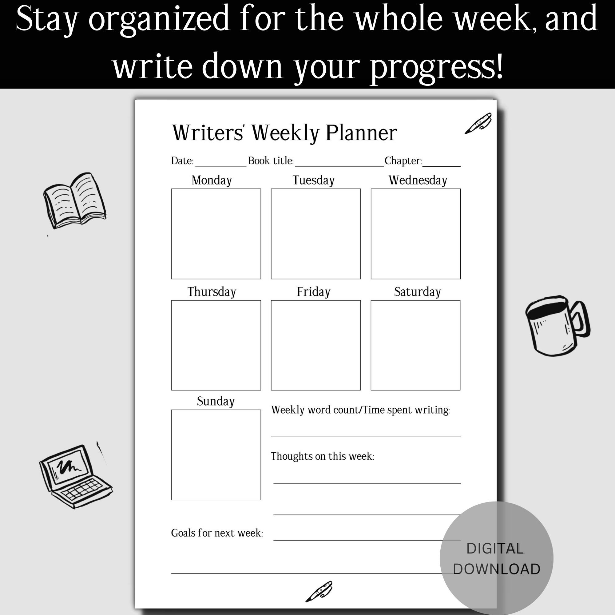 Digital Printable Writers Authors Daily Weekly Monthly Planner Nanowrimo Word Count Tracker ...