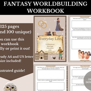 K&ouml;nnte beinhalten: Ein digitaler Download-Arbeitsbuch f&uuml;r Fantasy-Weltbildung mit 125 Seiten, inklusive einer Anleitung mit Illustrationen. Das Cover zeigt ein Schulhaus, ein heiratendes Paar und einen Titel, der "Everyday Life" lautet.