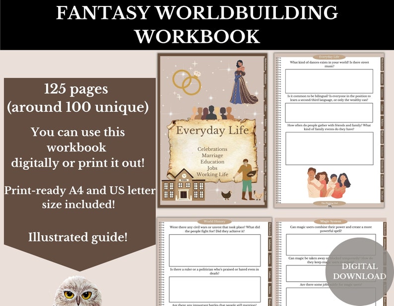 K&ouml;nnte beinhalten: Ein digitaler Download-Arbeitsbuch f&uuml;r Fantasy-Weltbildung mit 125 Seiten, inklusive einer Anleitung mit Illustrationen. Das Cover zeigt ein Schulhaus, ein heiratendes Paar und einen Titel, der "Everyday Life" lautet.